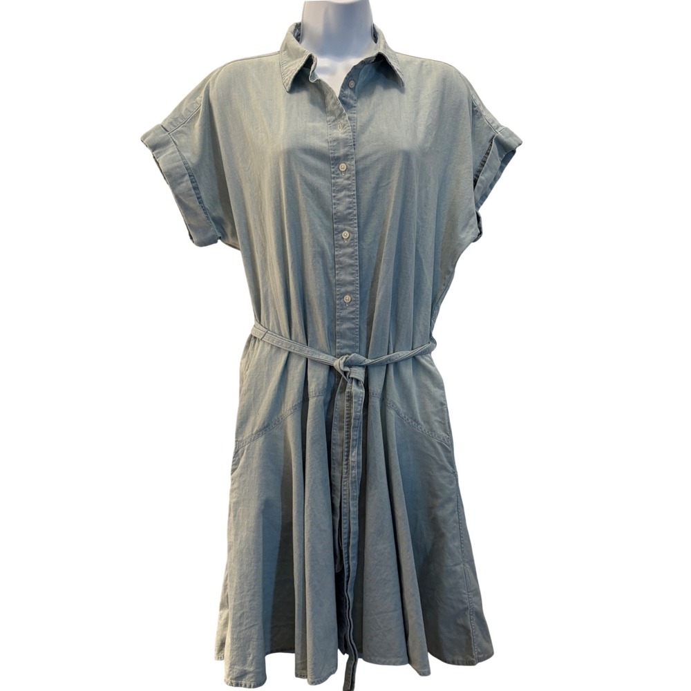 Lauren Ralph Lauren Blue Cotton Chambray Button Front Shirt Dress Pockets Size 6